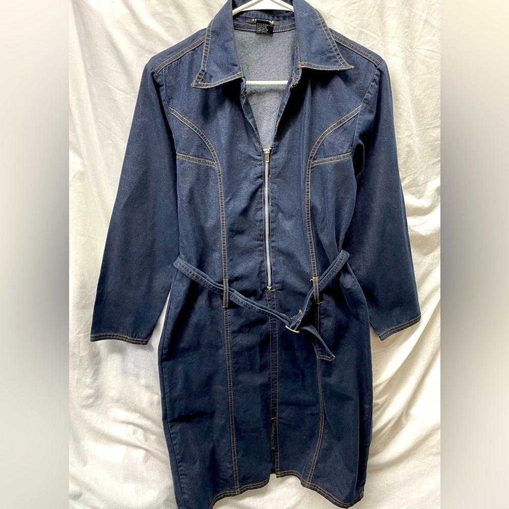 Star wear denim zip front belted dress ladies sz M